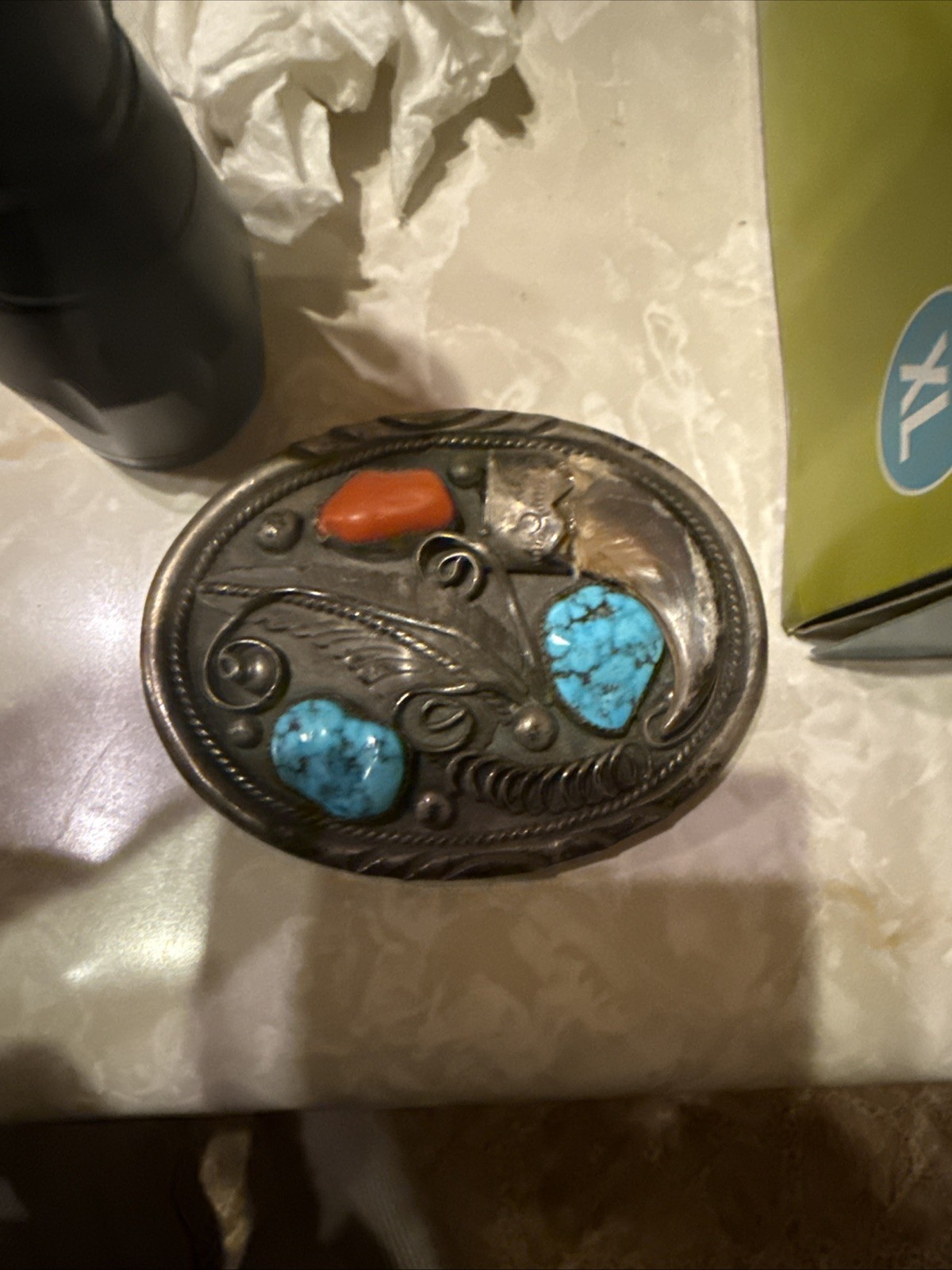 Vintage Navajo Belt Buckle Turquoise and Coral Sterling