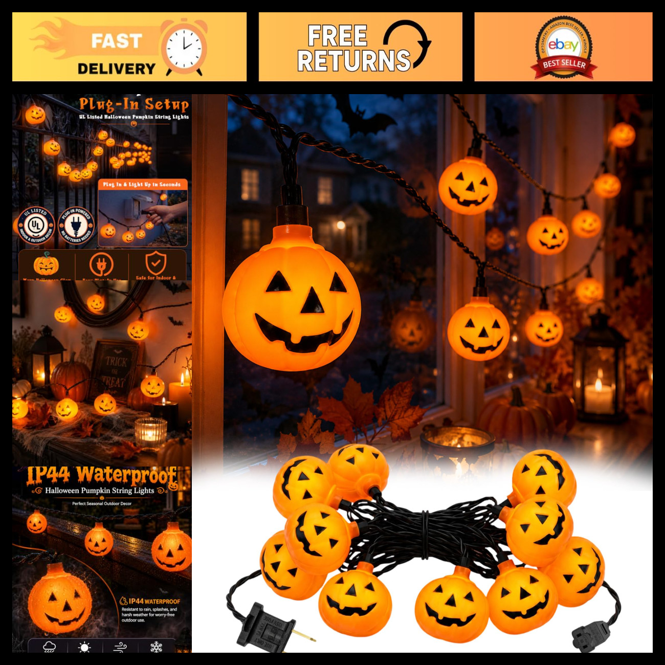 8.5FT Halloween Orange Pumpkin String Lights, Plug-In 10 LED Pumpkins Decor