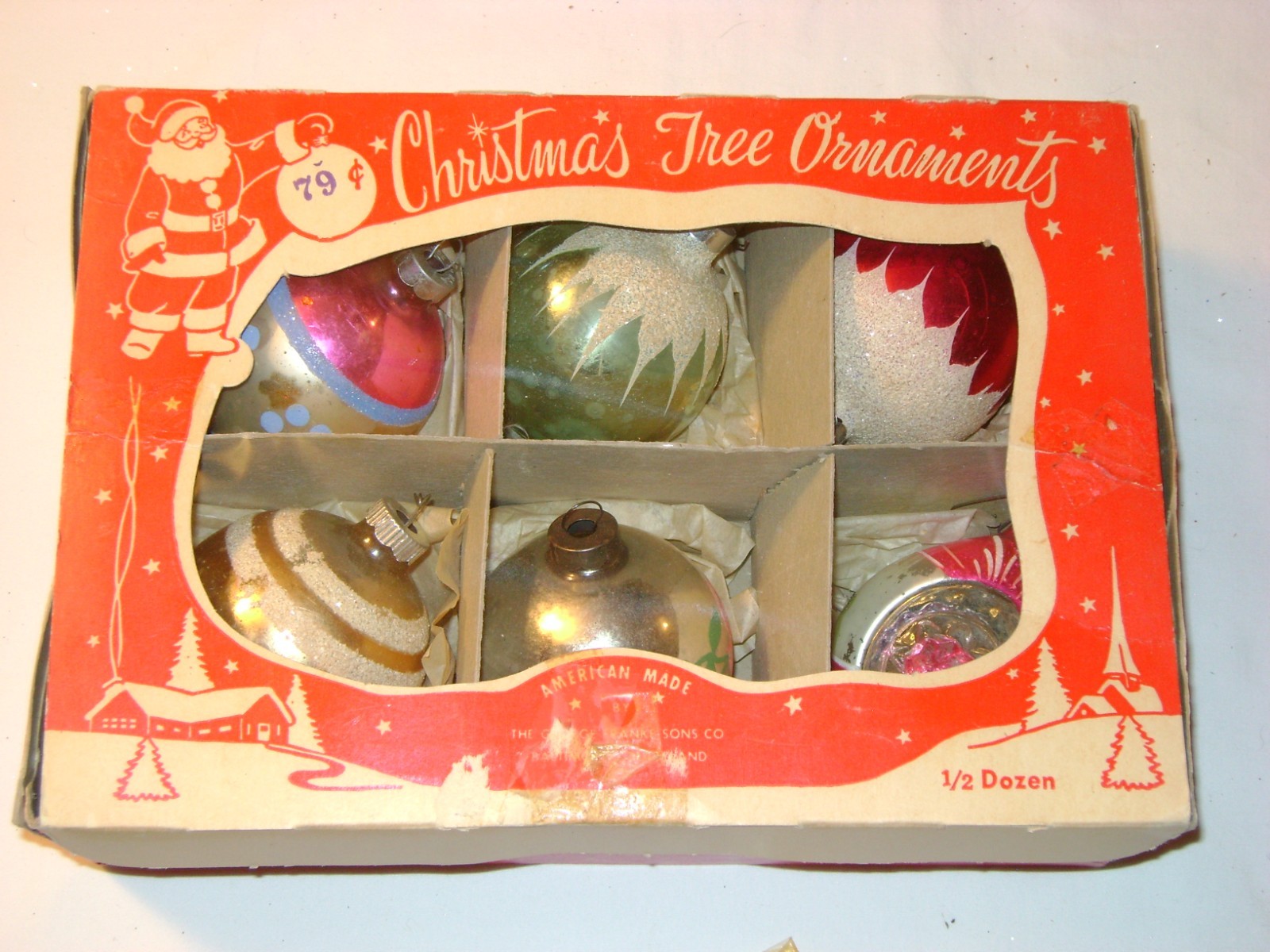 Vintage Box Of 6 Large Glass Christmas Ornaments Shiny Brite and other