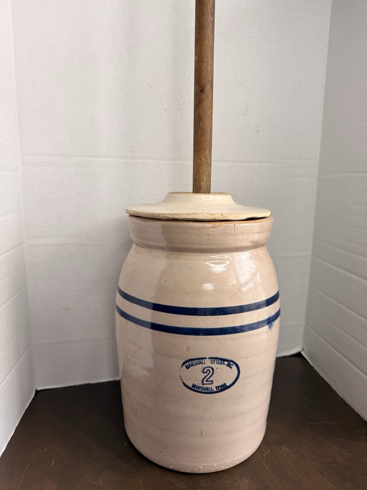 Vintage Marshall Pottery TX Butter Churn Crock 2 Gal. Blue Stripe +Lid/Dasher