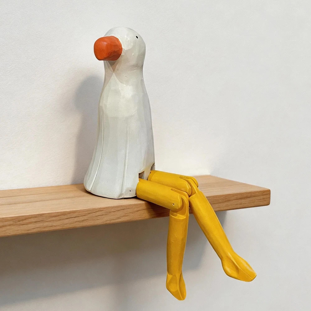 Hand Carved Wooden Seagull Figurine with Movable Legs Bird Home Decor