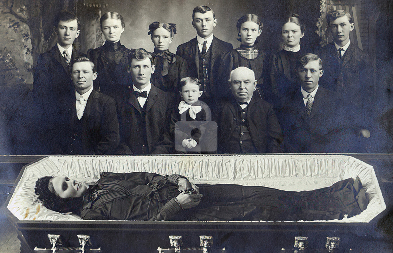 Family Group around Open Coffin, Moundridge Kansas RPPC Photo Postcard Copy
