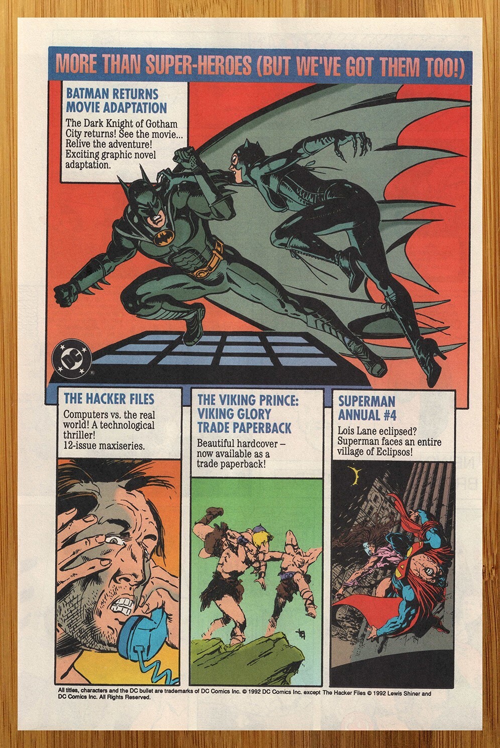 1992 Batman Returns Movie Comic/Superman/Hacker Files Print Ad/Poster DC Art 90s