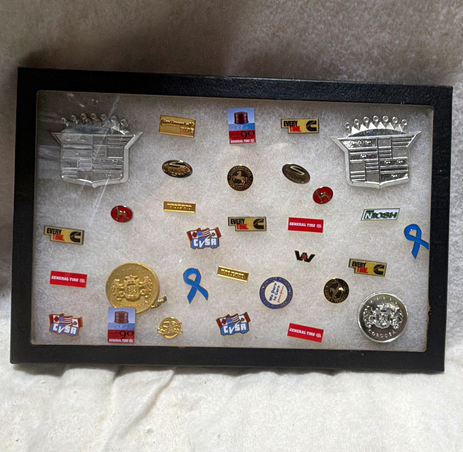 Framed Display Case Mixed Lot Lapel Pins/Badges - General Tire, Volvo, CVSA