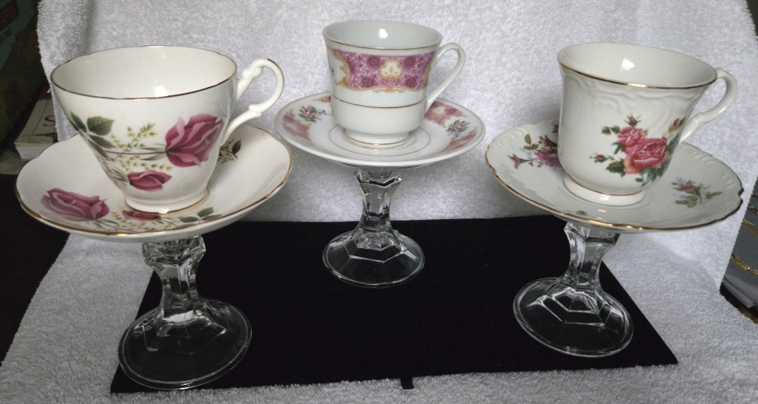 Upcycled Vintage  China Teacups & Saucers on Pedestals - Set of 3