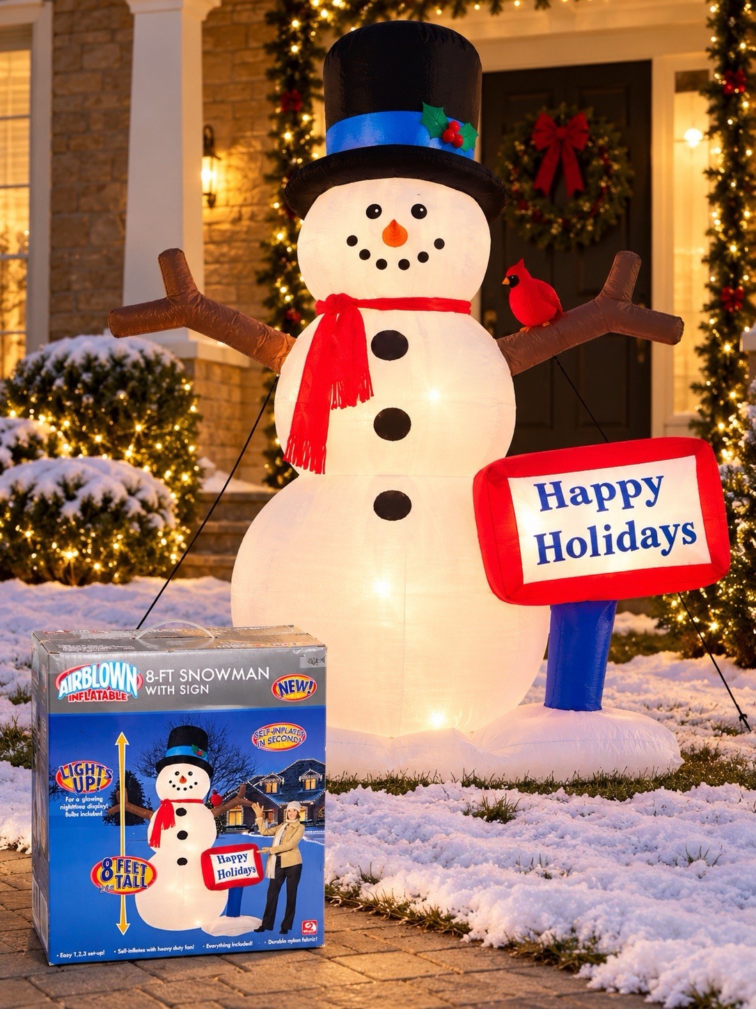2005 Gemmy Airblown Inflatable 8 Ft Snowman Happy Holidays Sign NEW