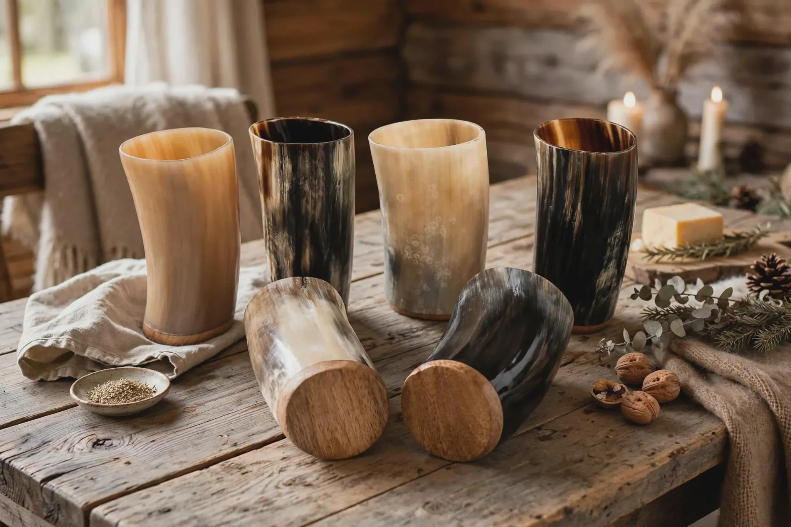 Handcrafted Buffalo Horn Drinking Cup 12 oz Set Viking with Wooden Base Set of 6