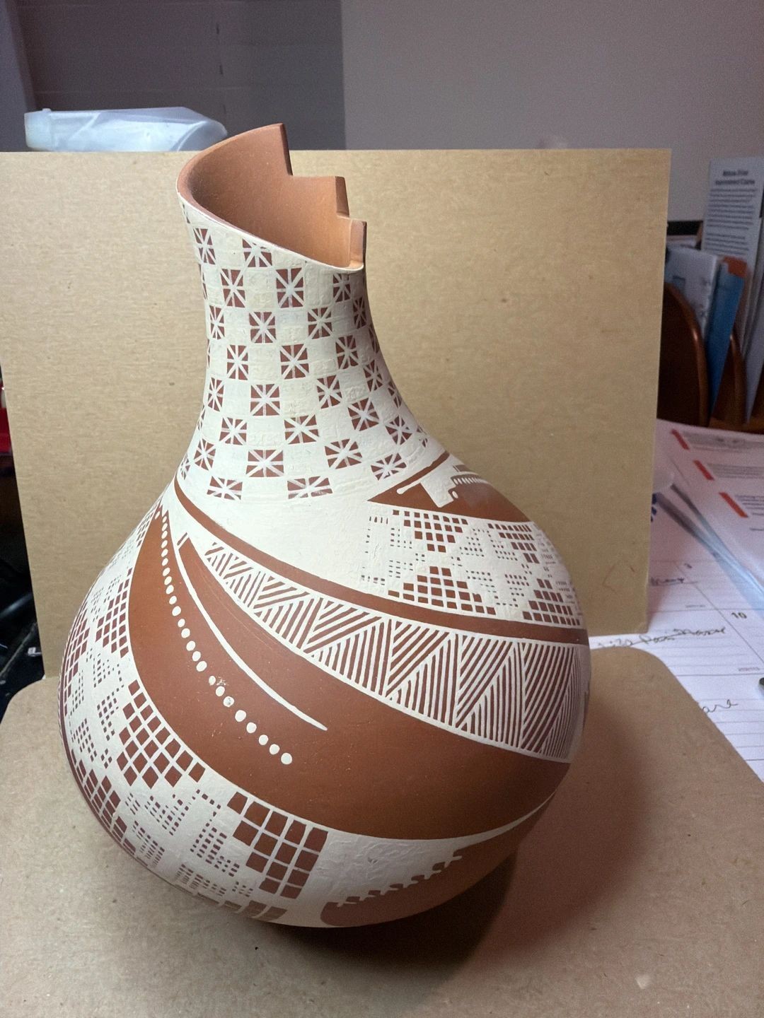 Vintage Mata Ortiz Hand-Painted Geometric Pottery Pot with Cutout Rim