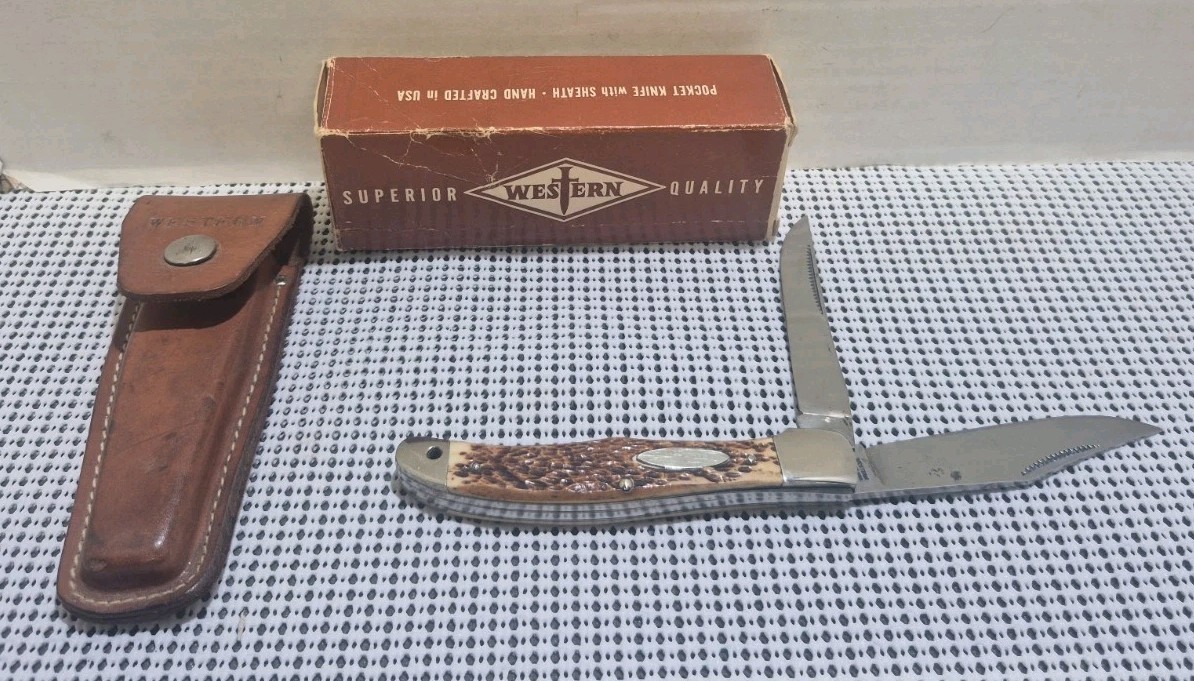 Vintage Western USA 062 Two Blade Folding Knife With Sheath And Original Box 