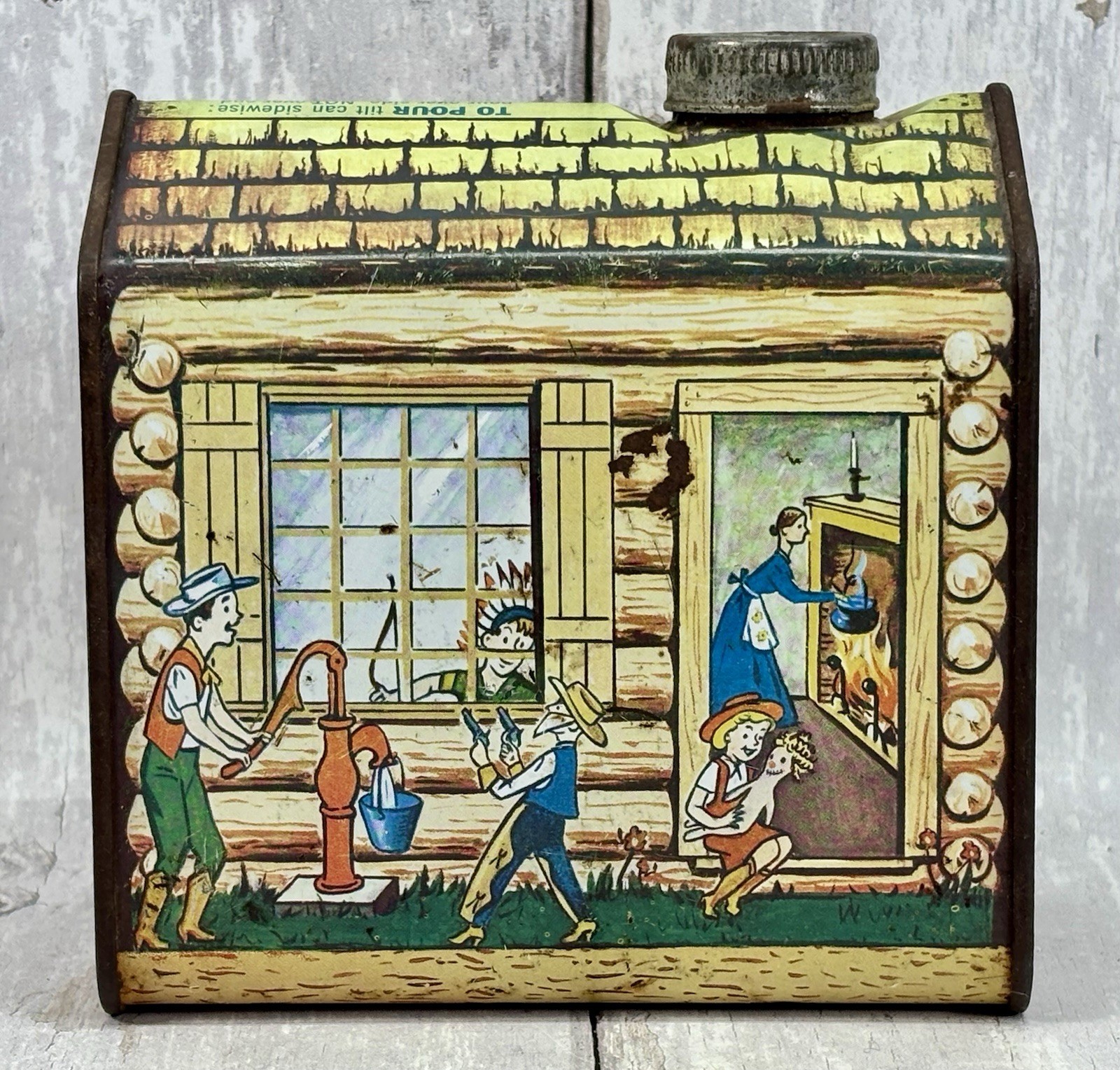 Rare Vintage Towle’s Log Cabin Syrup Tin Cowboys Indians Scene 2 Lb w Cap