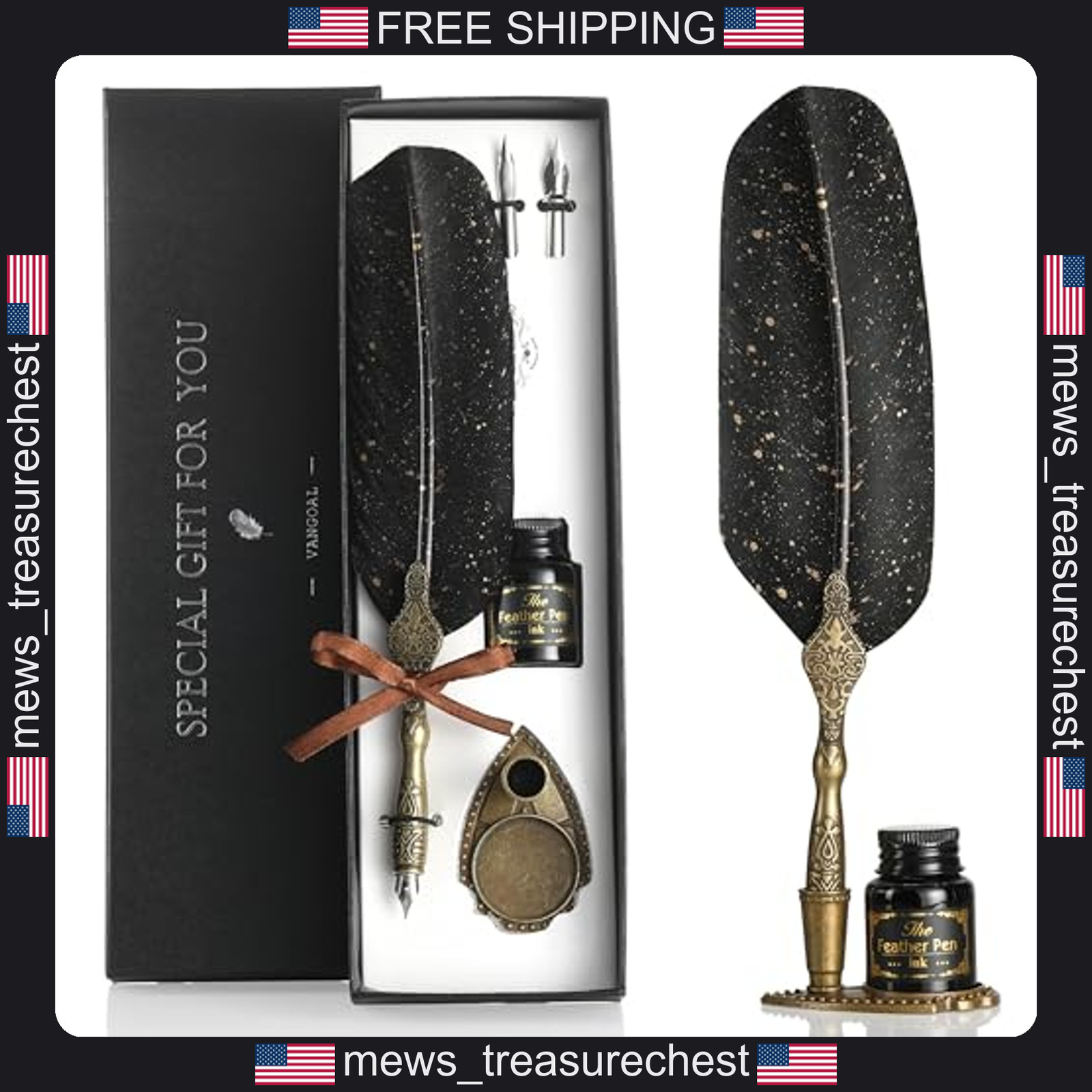 Vintage Feather Pen and Ink Set with Carving Stand for Calligraphy and Writing