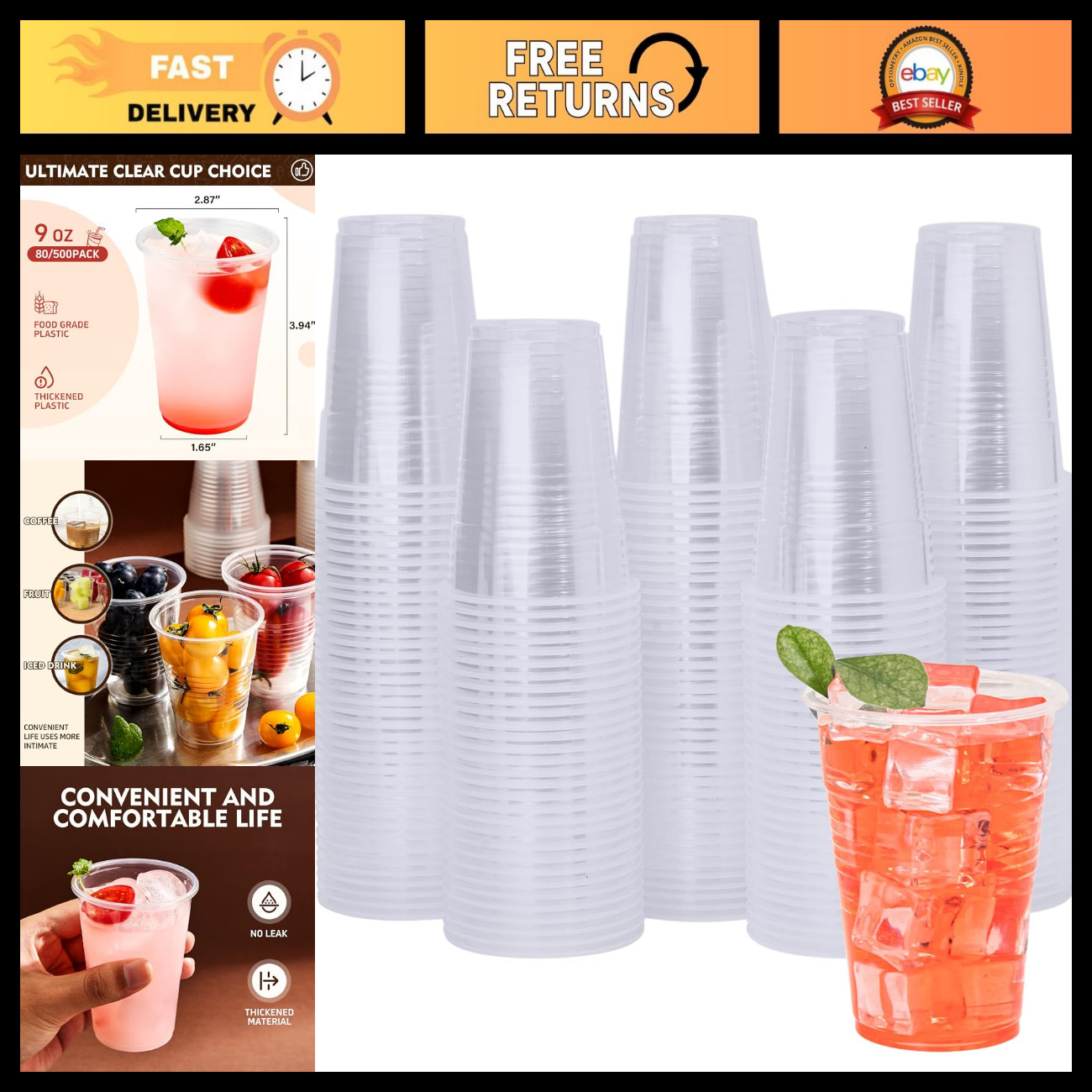 YEEHAW 9 oz Plastic Cups, 2000 Pack - Clear Disposable Drinking Water Cups for C