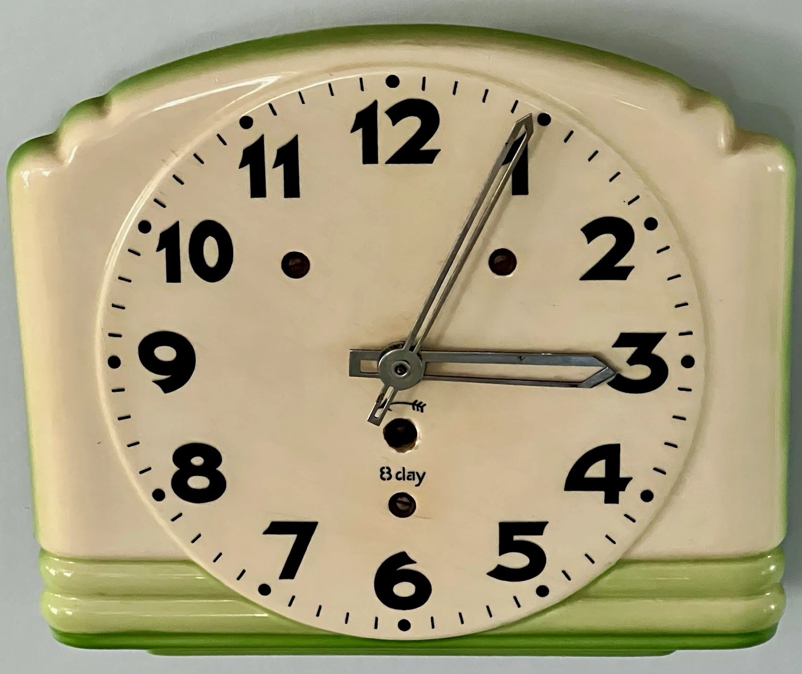Antique Art Deco German 8 Day Ceramic Wall Clock Cream/Greens Kitschy Cool
