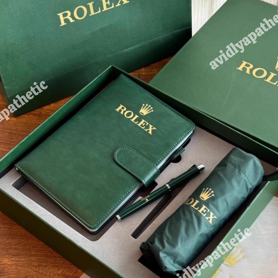 ROLEX Green Gift Set Notebook Ballpoint Pen Folding Umbrella Luxury Gift Box NEW