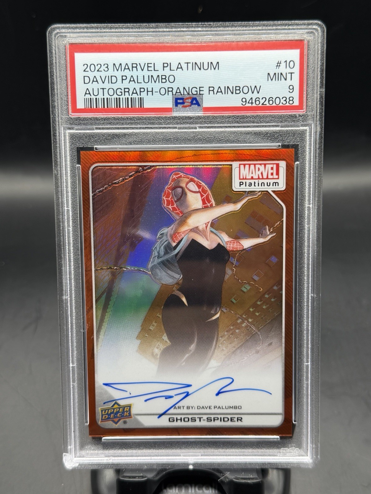 2023 Upper Deck Marvel Platinum Ghost-Spider Palumbo Auto Orange /35 PSA 9 POP 1