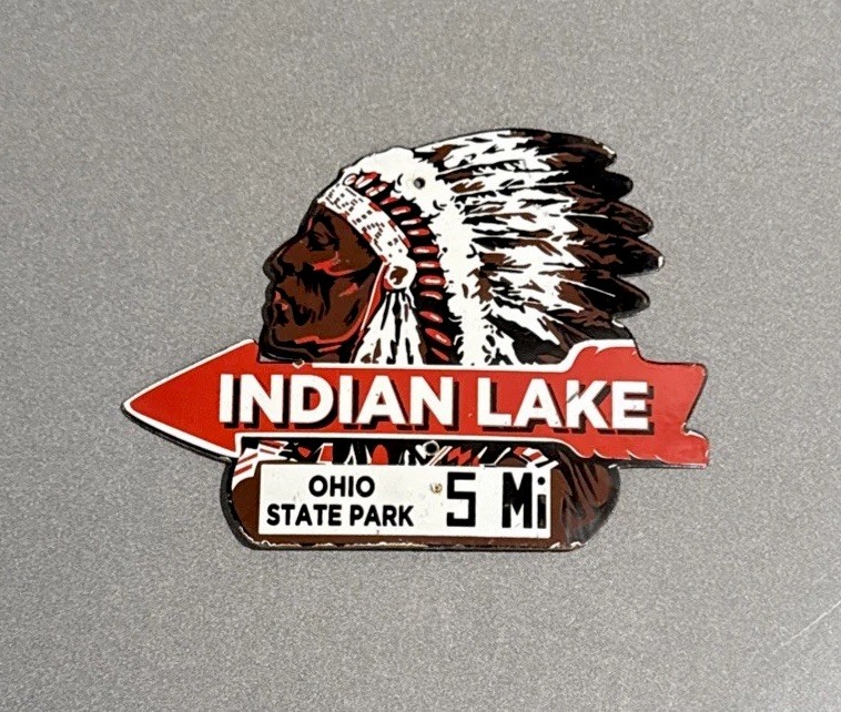 VINTAGE 12” INDIAN LAKE OHIO ARROW PORCELAIN SIGN CAR OIL GAS MOTORCYCLE TRUCK
