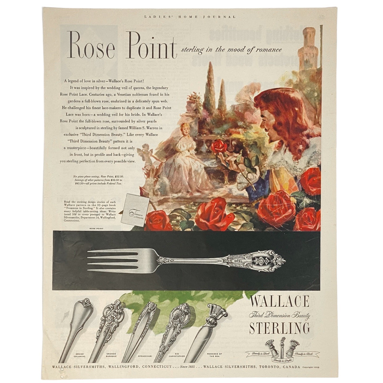 1952 Wallace Sterling Vtg Print Ad - Rose Point, Stradivari, Romance of The Sea