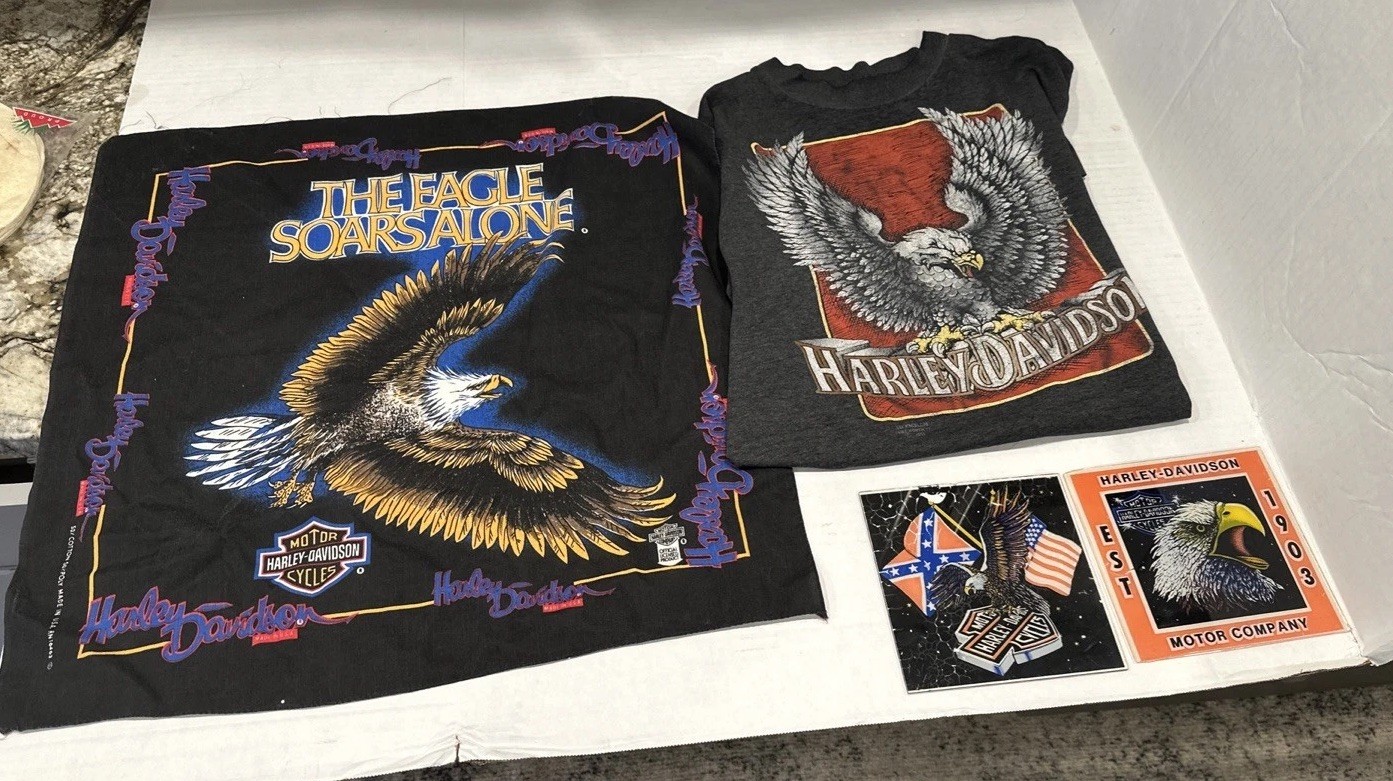 VTG Harley Davidson Lot Eagle 3D Emblem T-shirt Carnival Fair Glass Bandana