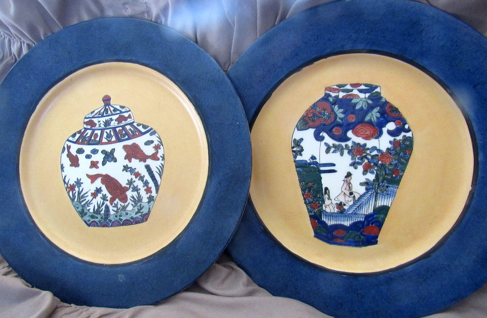 DIFFERENT, Vintage PAIR CLOISONNE ORIENTAL VASES as BORDERED DISPLAY PLATES