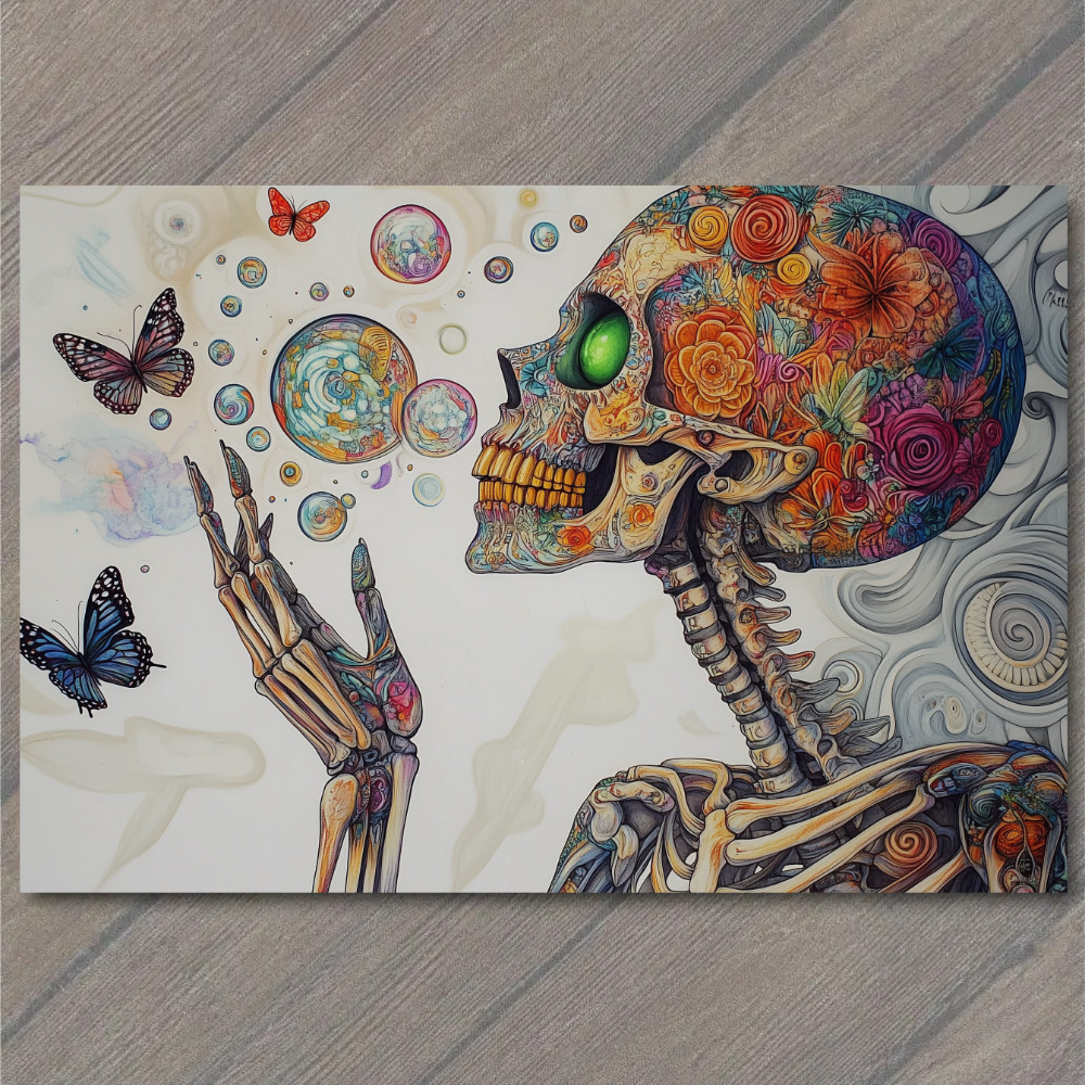 POSTCARD Skeleton Butterfly Rainbow Cloud Bubble Surreal Colorful Trippy Emo