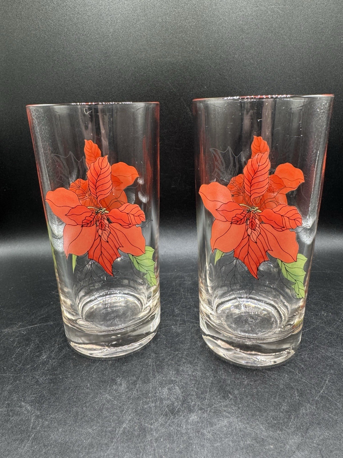 Vtg Christmas Tumblers 14oz Mary Lou Goertzen Poinsettia Crisal Portugal 2pc