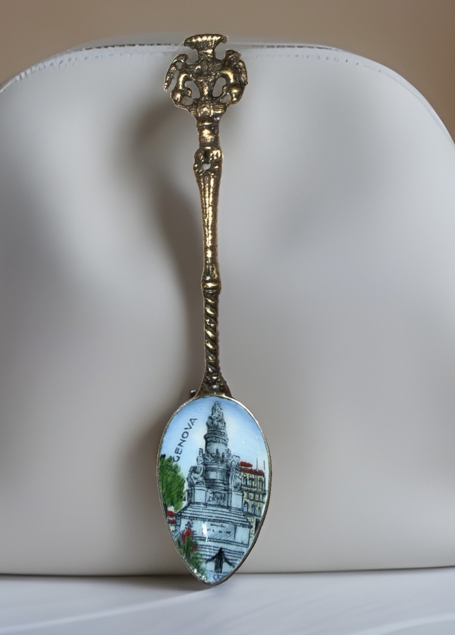 Vintage Genova Italy Souvenir Spoon Ornate Dolphin Handle Enameled Monument