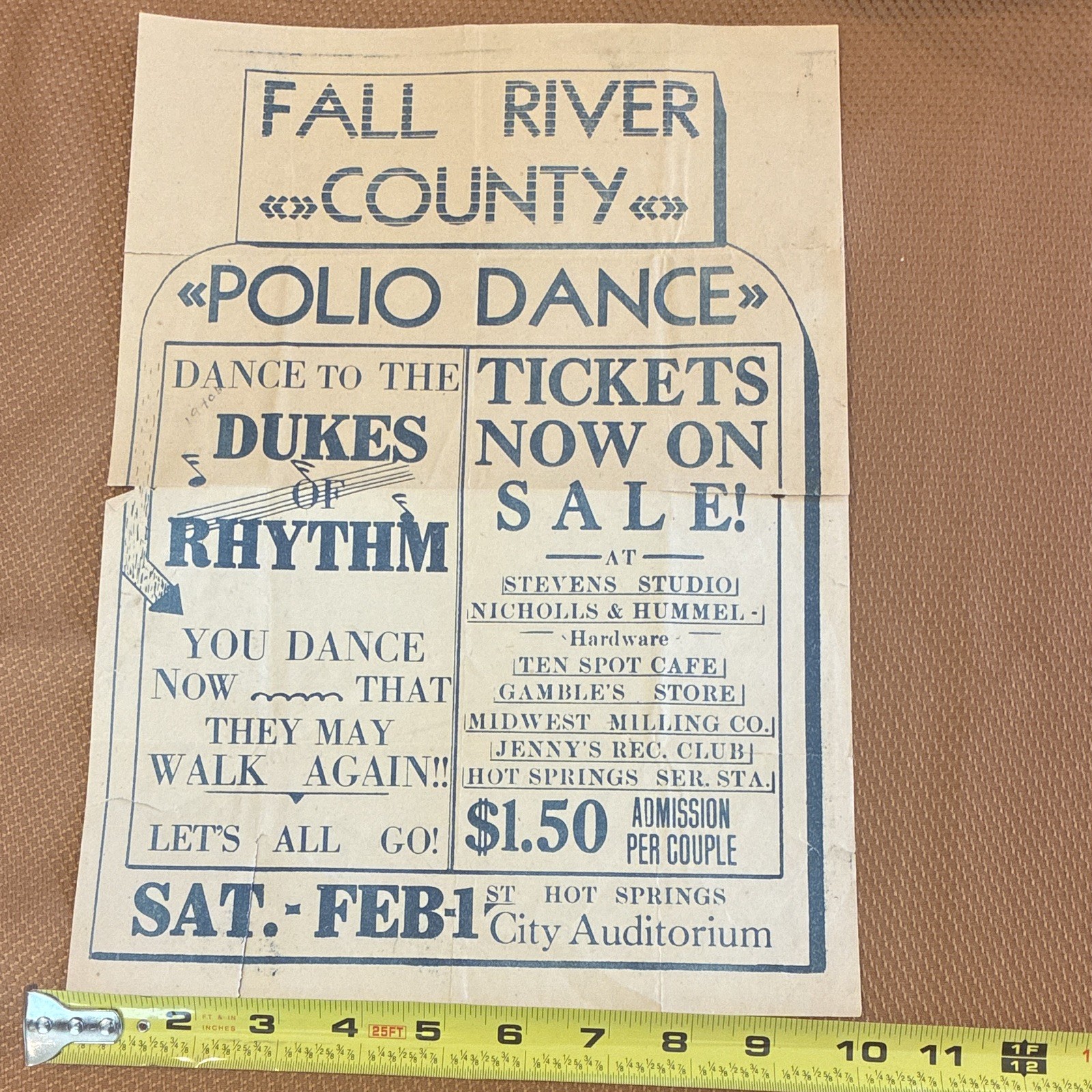 Vintage 1940s-1950s Polio Dance Poster - Hot Springs, South Dakota - Local Hist.