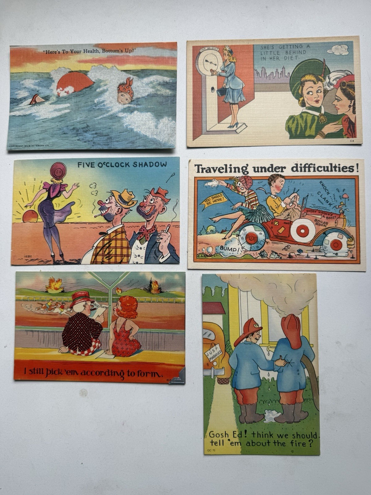 6 Vintage 1930s-40s Linen Comic Postcards Risque Humor Asheville Kropp Unused