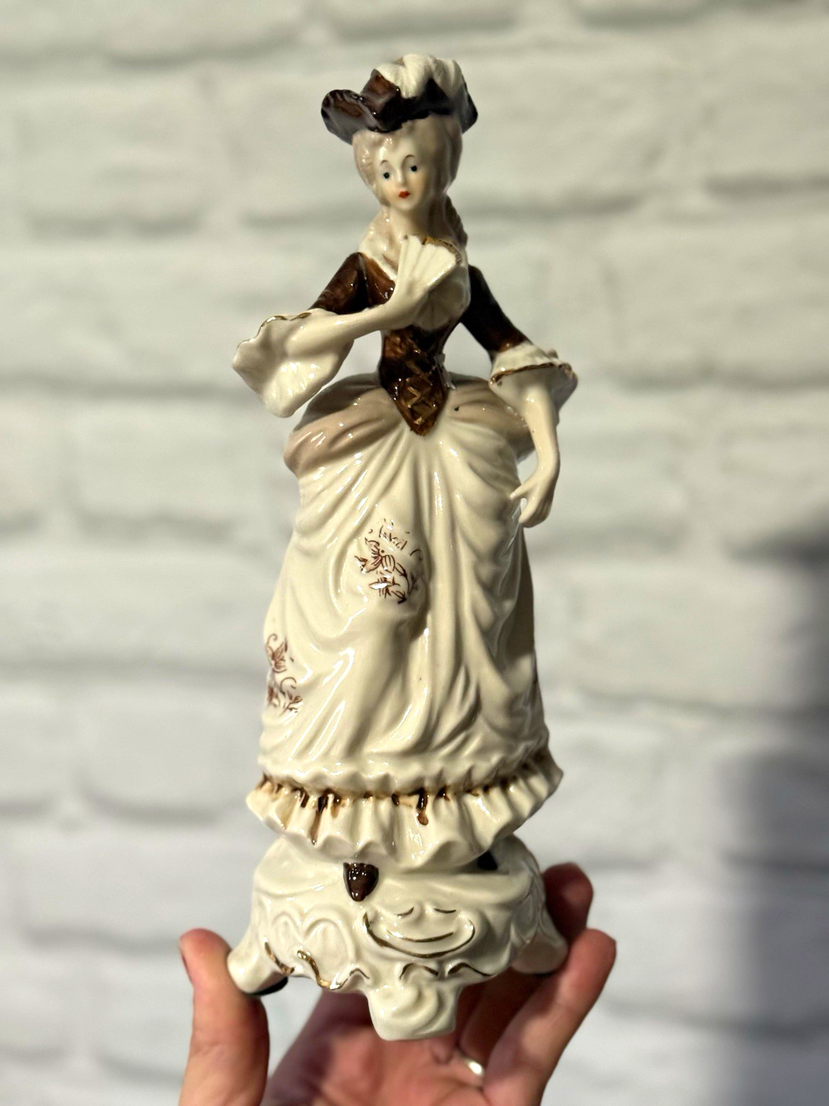 Vintage-Hand Painted Glazed Ceramic Lady Figurine, White & Brown Floral Dress