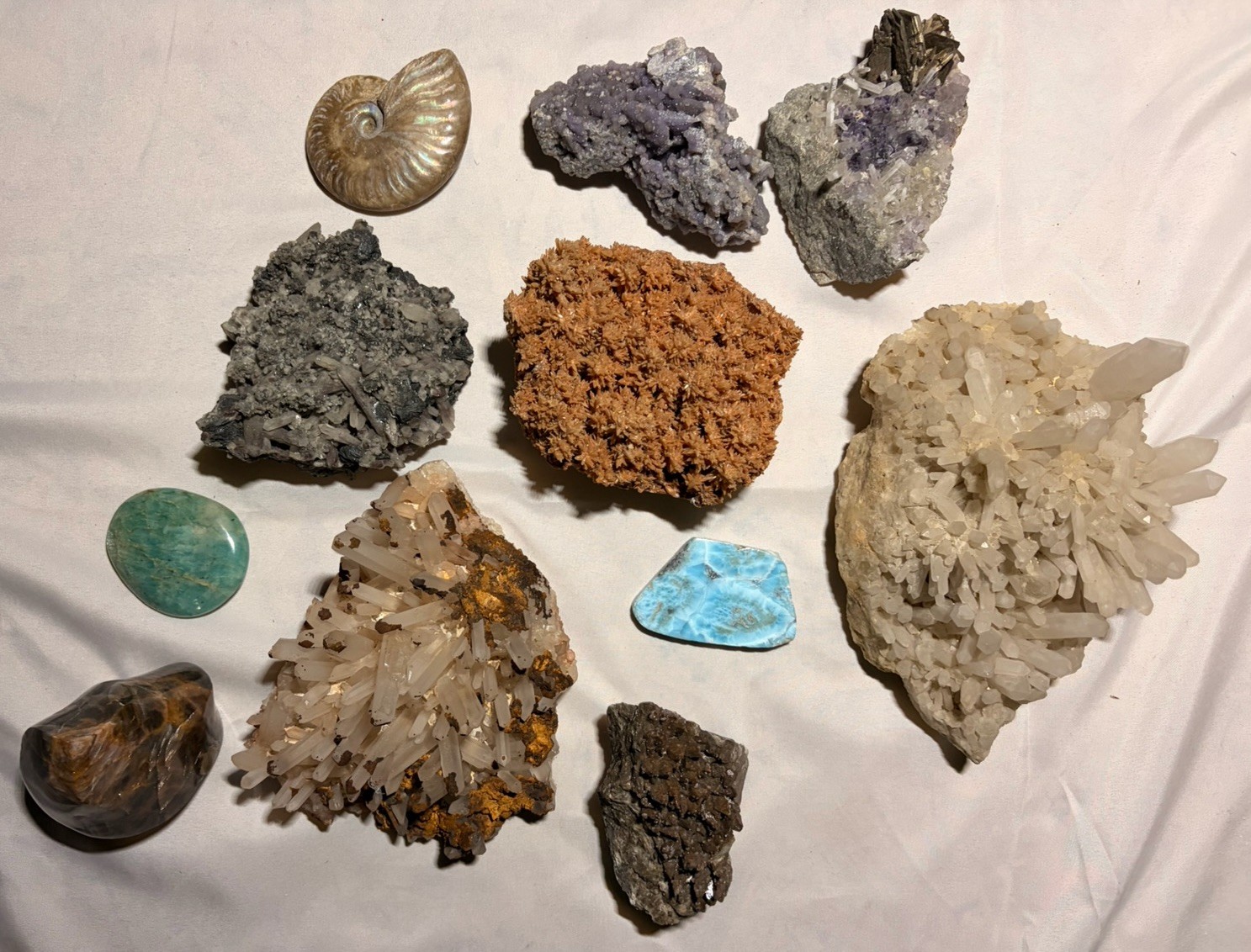 11PC Mixed Crystal & Mineral Specimen Lot - Clear Quartz, Larimar, Ammonite
