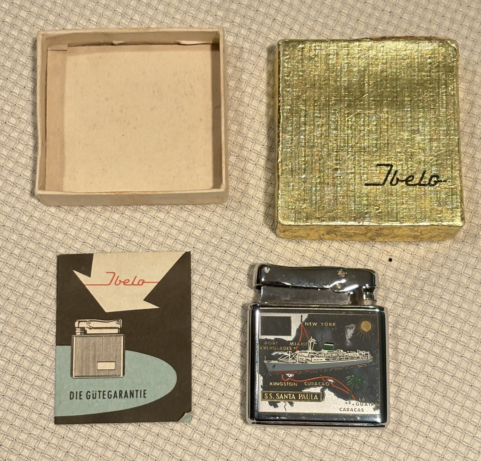 VTG Ibelo Pocket Lighter SS. Santa Paula rte Map made in West Germany never used