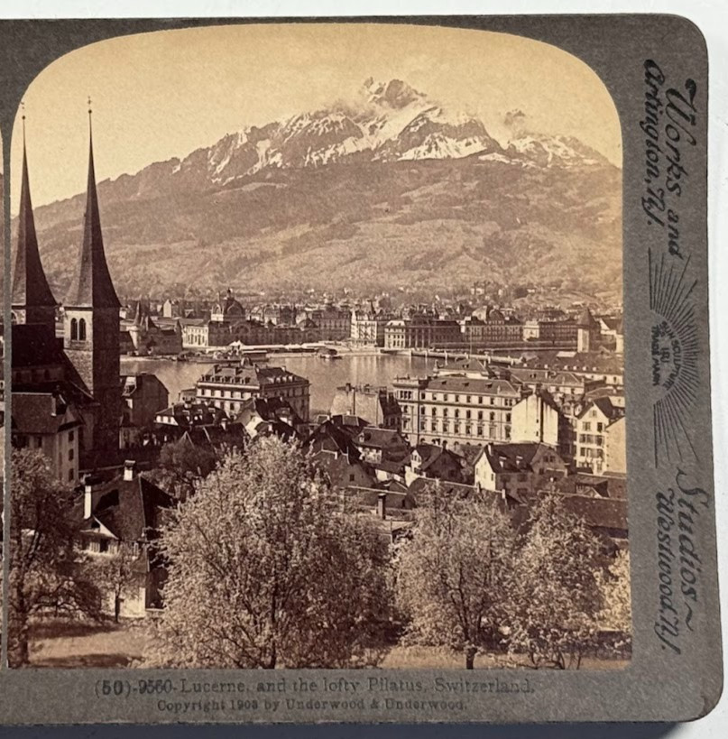 Lucerne and the Lofty Pilatus, Switzerland – Panoramic View of Lake Stereoview