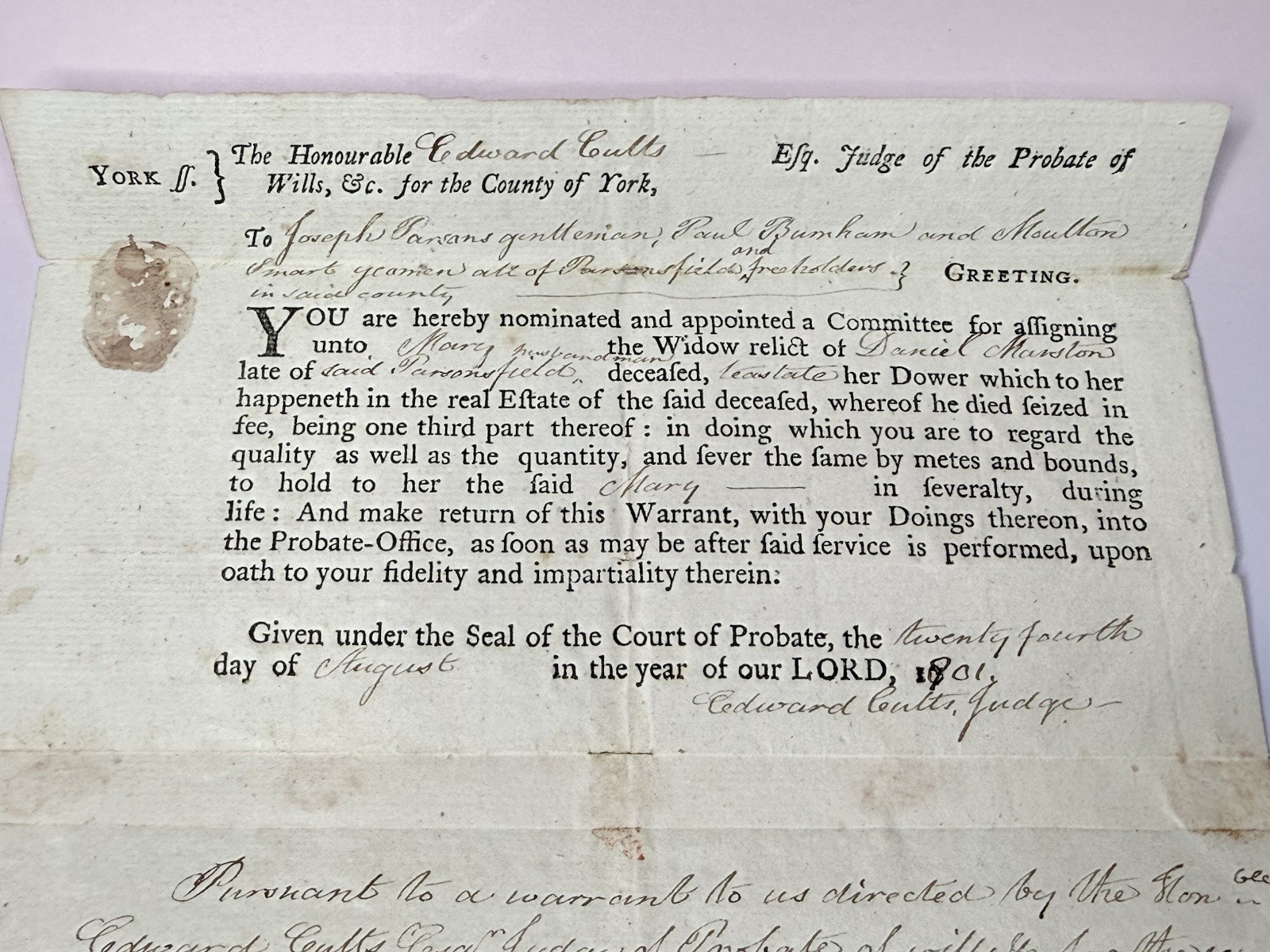 1801 Maine York County Probate Dower Estate Legal Document Parsonsfield Antique
