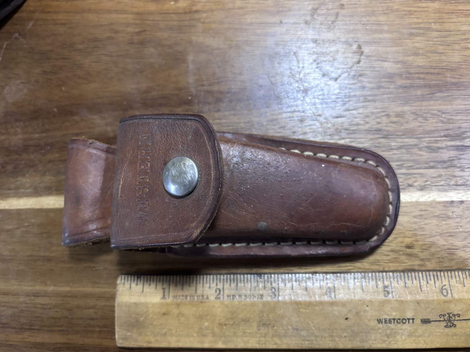 OLD VINTAGE WESTERN USA  leather sheath MID folding hunter 4 1/8 LOCKBACK   S28