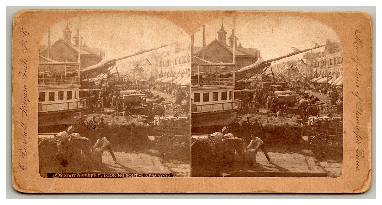 Steamer at Harbor Steamship South Street New York Delivery wagon  stereoview