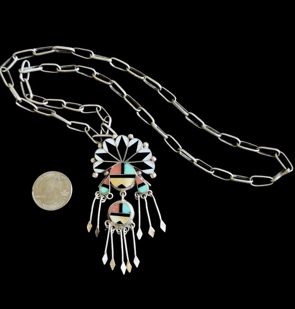 Vintage Zuni Signed JL Sterling SunFace Turquoise Coral Inlay Necklace Brooch