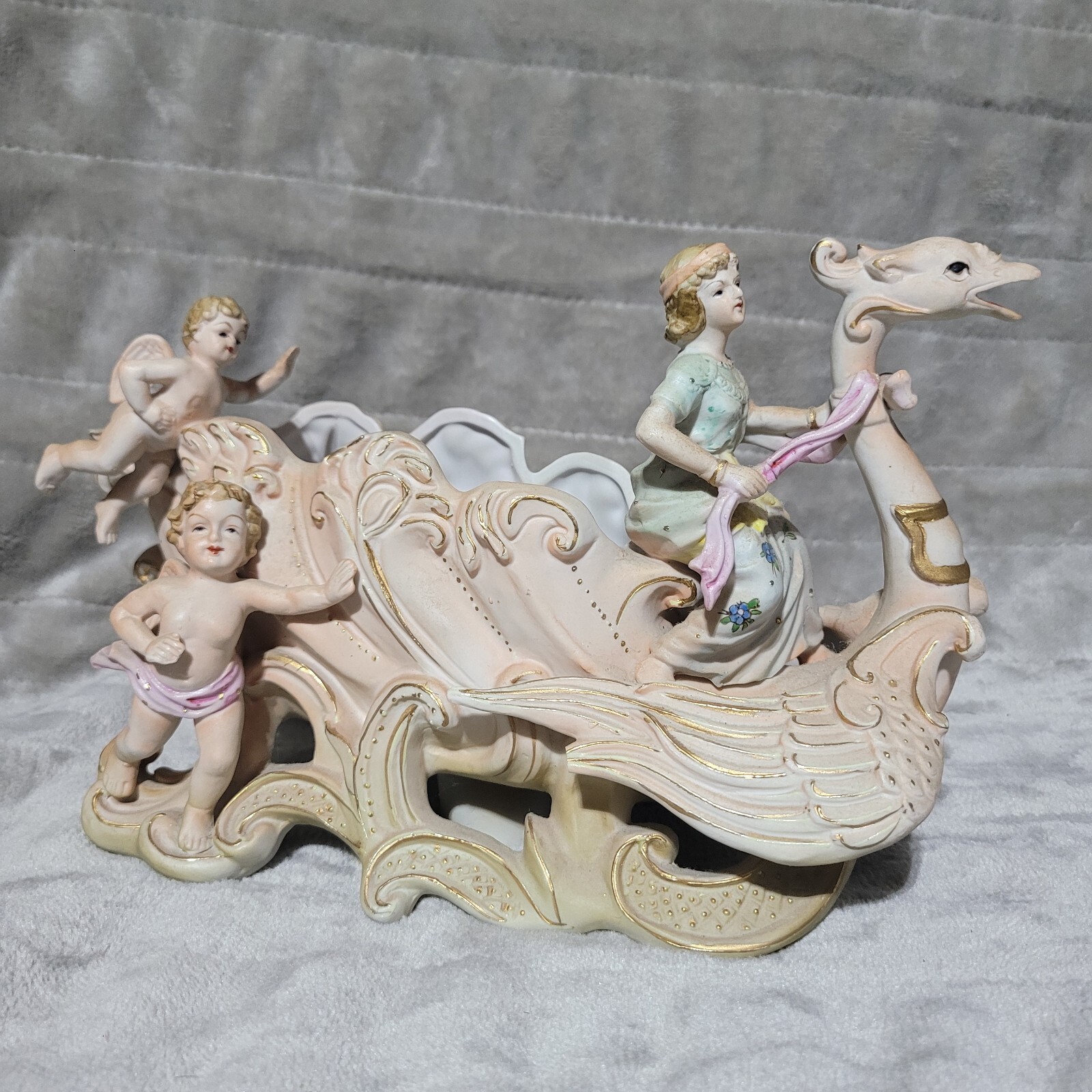 Made In  Japan Bisque Capodimonte Swan Sleigh Porcelain Cornucopia Centerpiece 