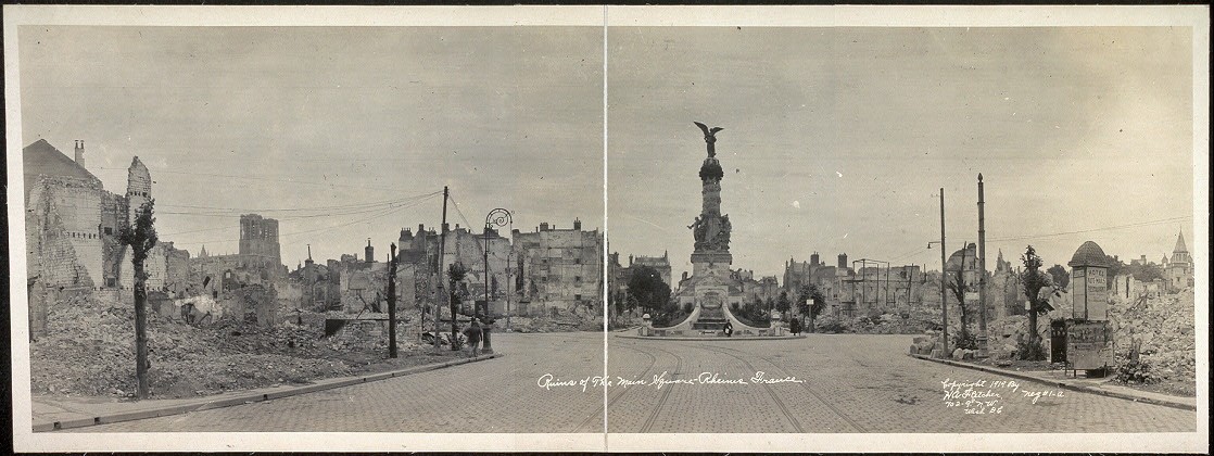 Photo:Reims France 1919 Ruins of Main Square WWI Panoramic Monument Statue