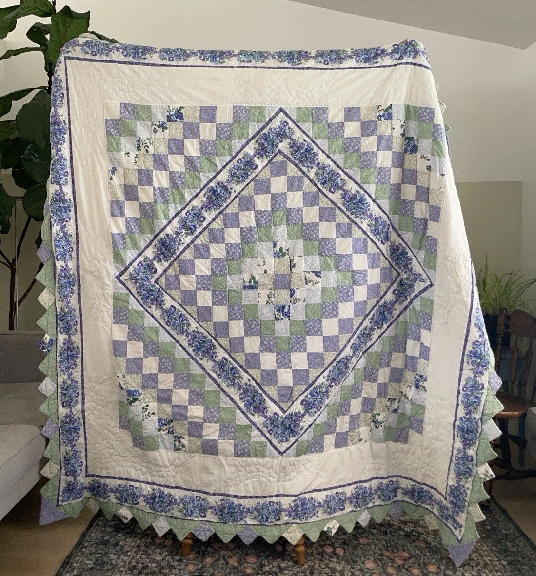Vintage Patchwork Quilt 80x80 Purple Green Floral Cotton Scalloped Edge