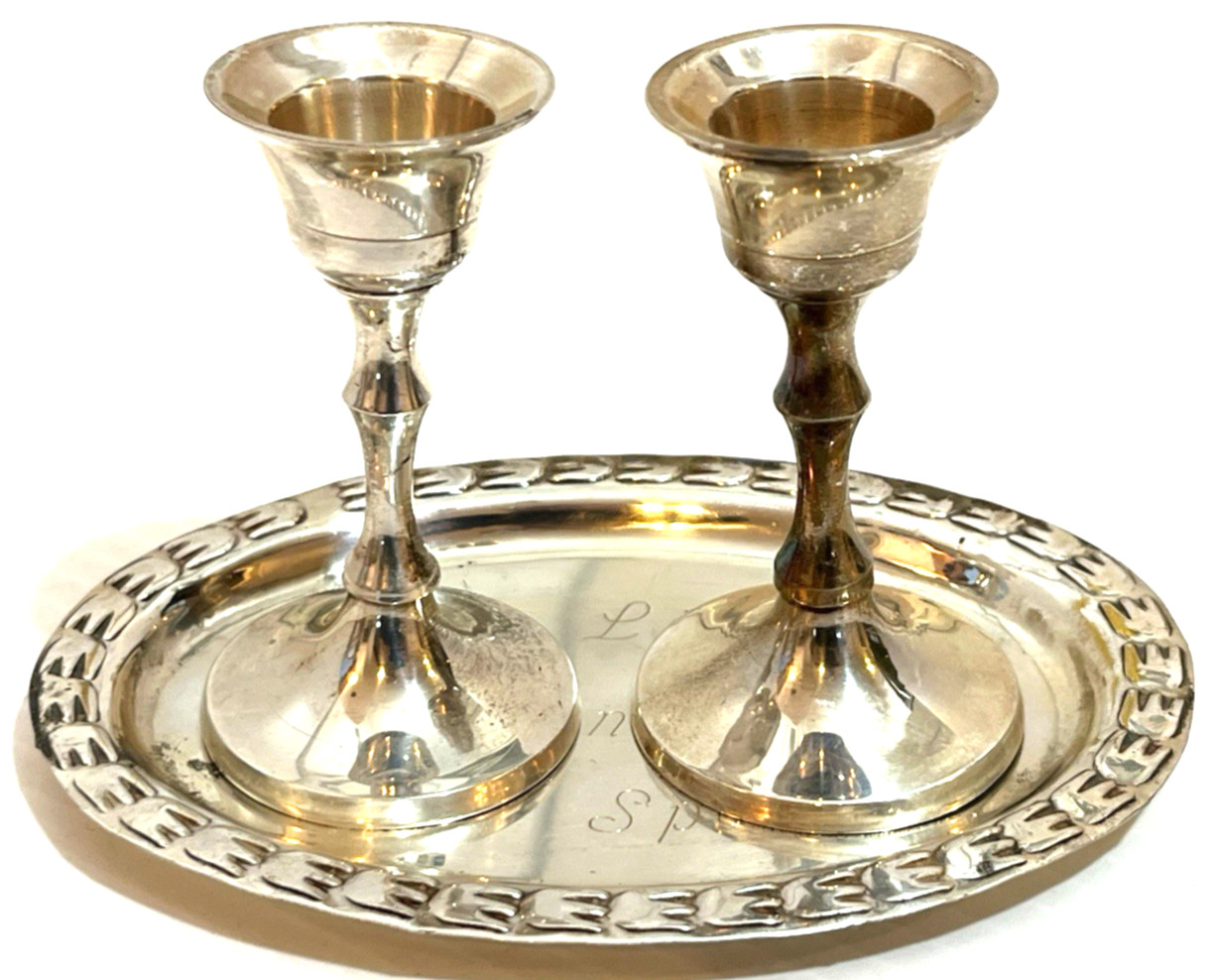 Vintage Silver Tone Shabbat Candle Holders Judaica Judaism Israel Hebrew Jewish