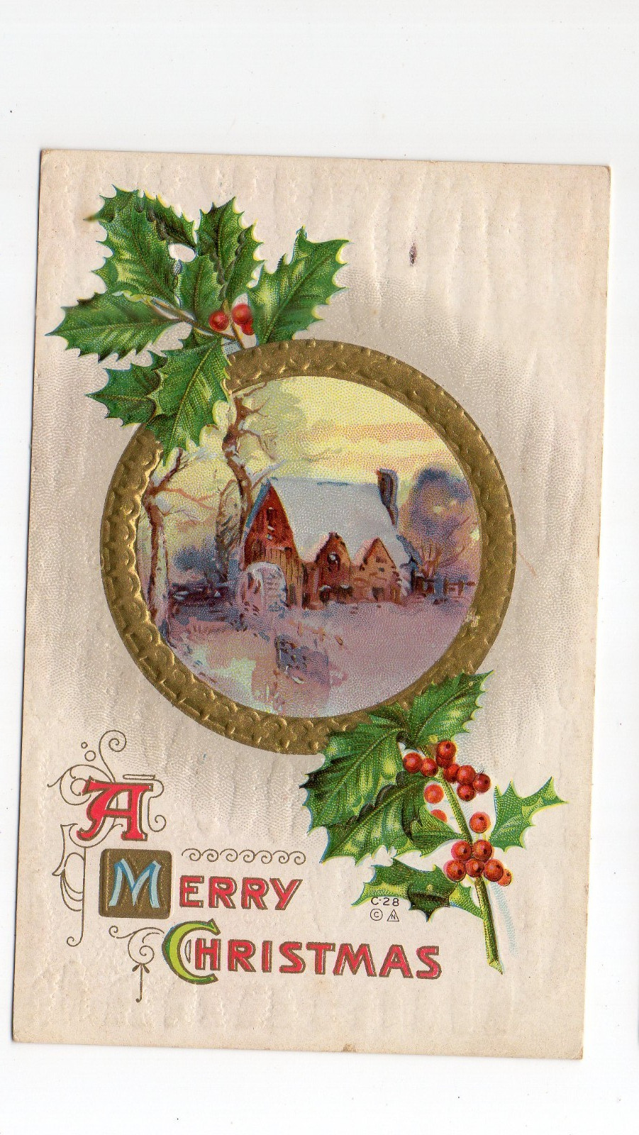 A Merry Christmas Postcard Cottage in Winter with Holly unmailed ca. 1910