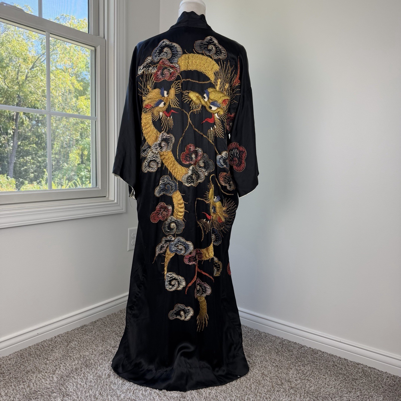 Antique 40s Japanese Black Kimono Robe Hand Embroidered Dragons Satin Silk