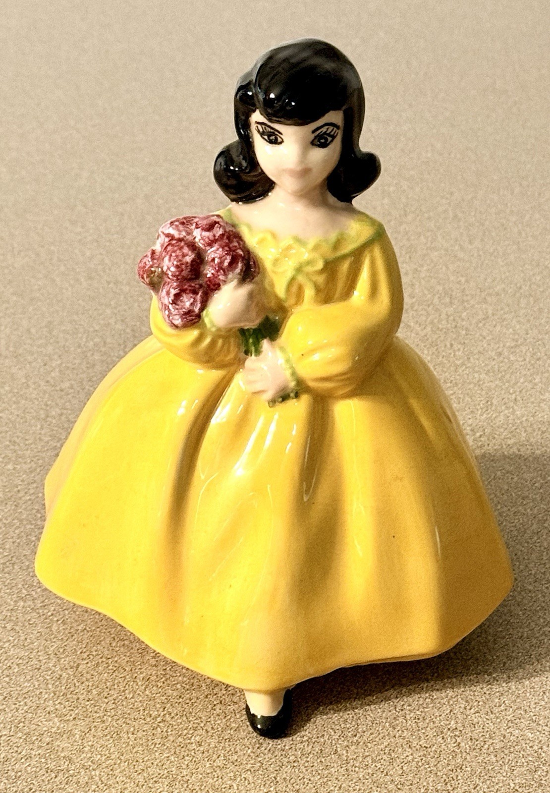 VTG Hand Painted Ceramic Lady Figurine Yellow Dress Flower Bouquet Signed 1982