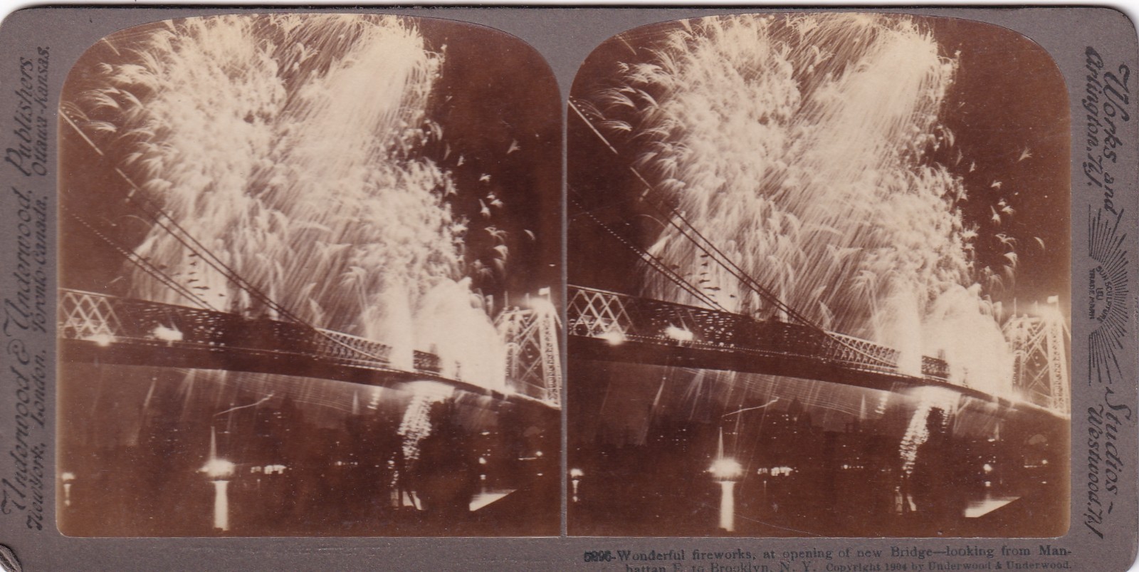 Stereoview Cards - Estate - Fireworks over Brooklyn Bridge, 1904