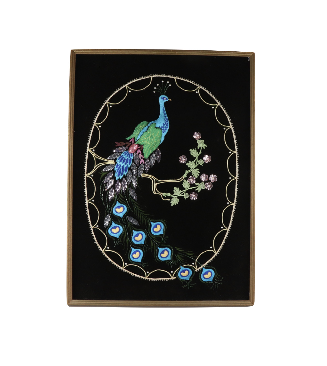 Vintage 70s Mid Century Modern MCM Framed Hanging Peacock Bird Fabric Wall Art