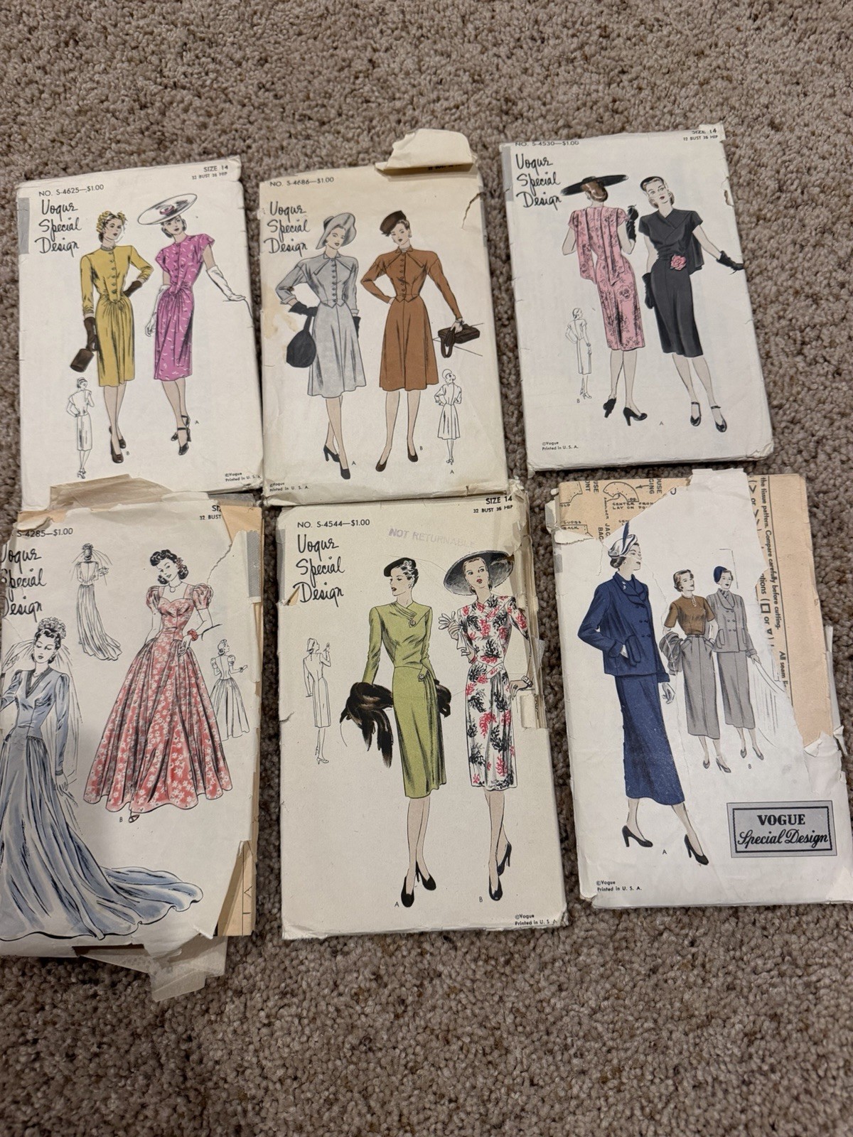 Lot 6 Vintage 1940s Vogue Special Design Sewing Patterns Size 14 Bust 32 WWII
