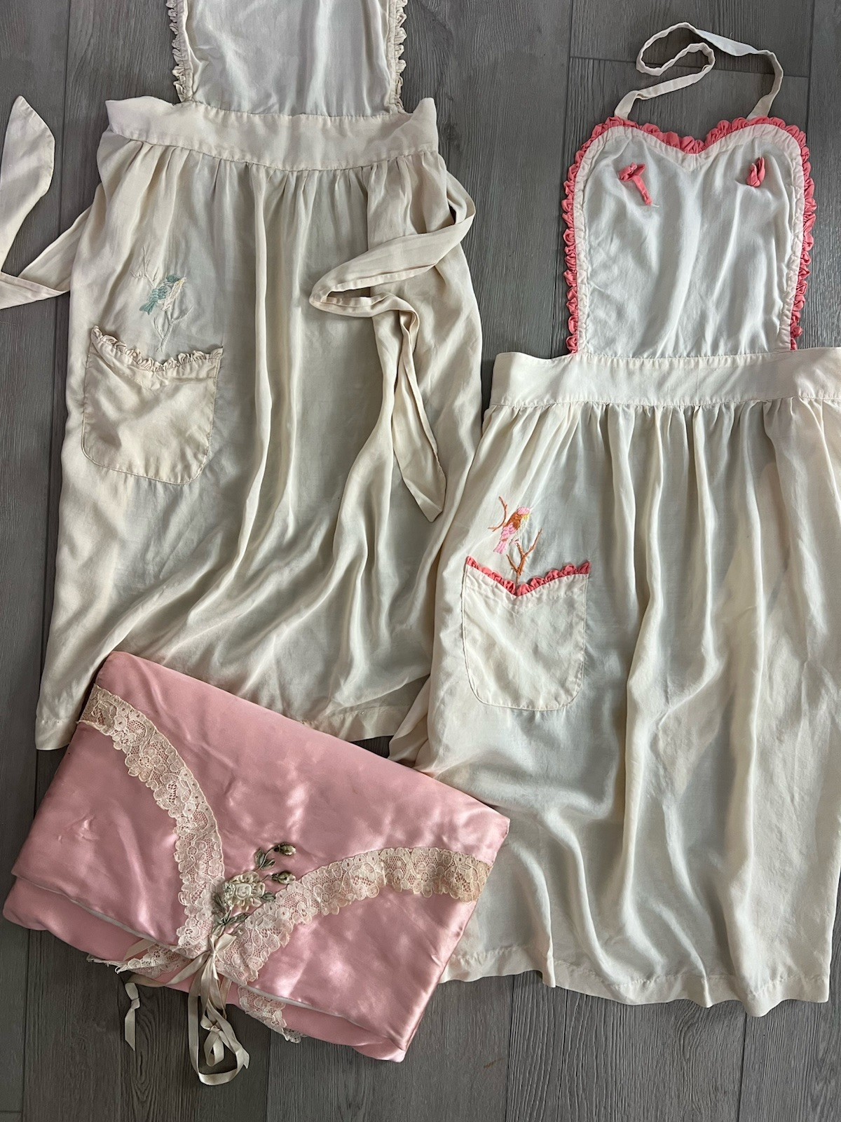 Pair of Vtg 40s Silk Bridal Hostess Halter Aprons Bird Embroidery Boudoir Ruffle