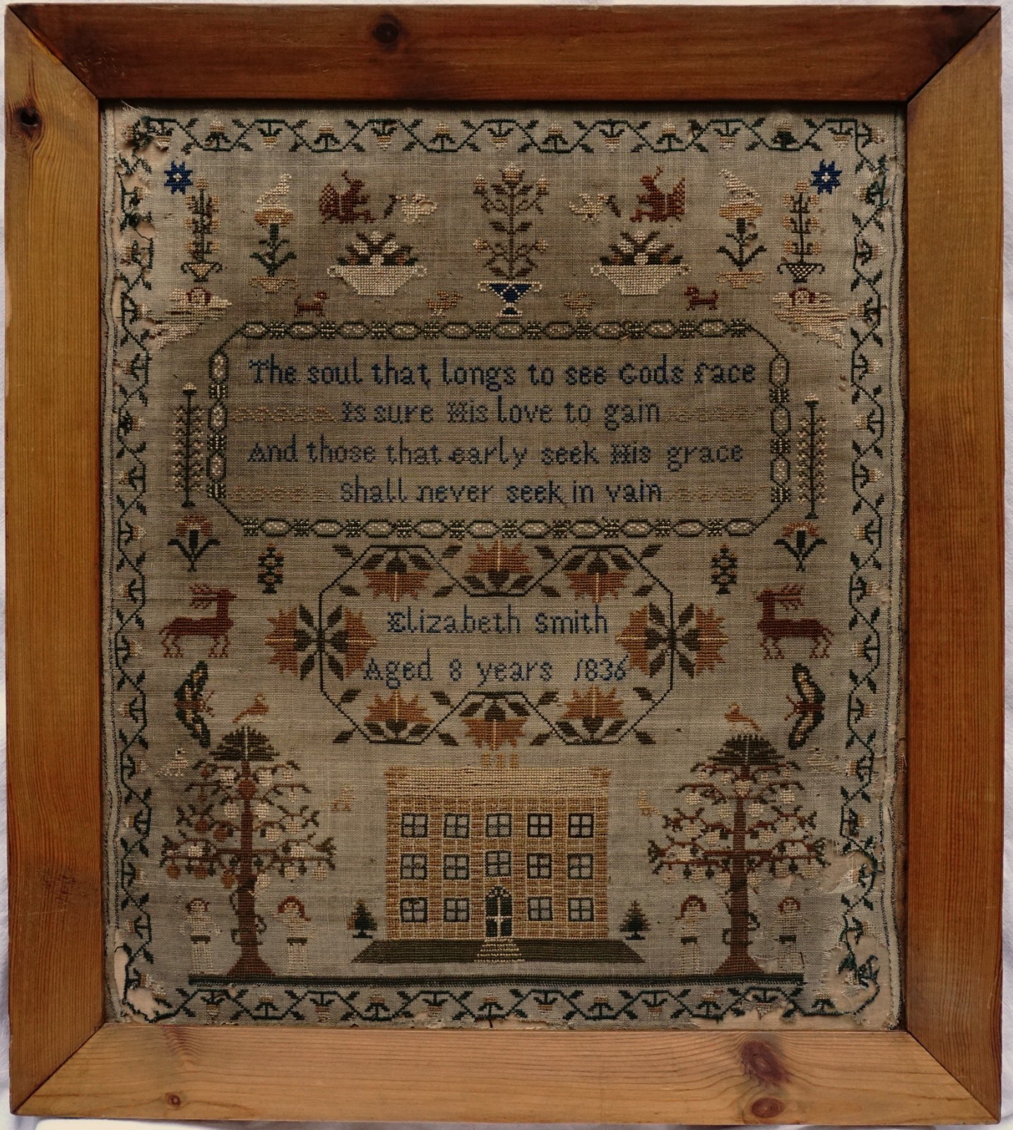 EARLY 19TH CENTURY HOUSE, MOTIF & VERSE SAMPLER BY ELIZABETH SMITH AGE 8 - 1836