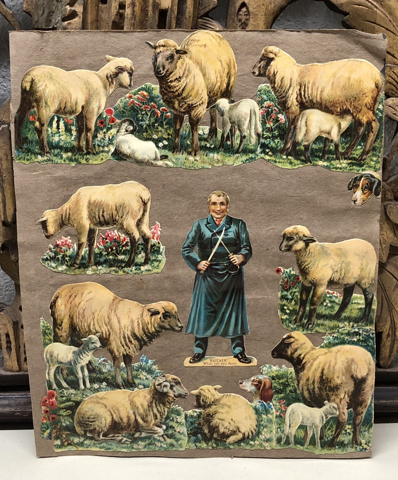 Antique Double Sided Glued Scraps of Butcher + Sheep & Other Items on Sheet - L4