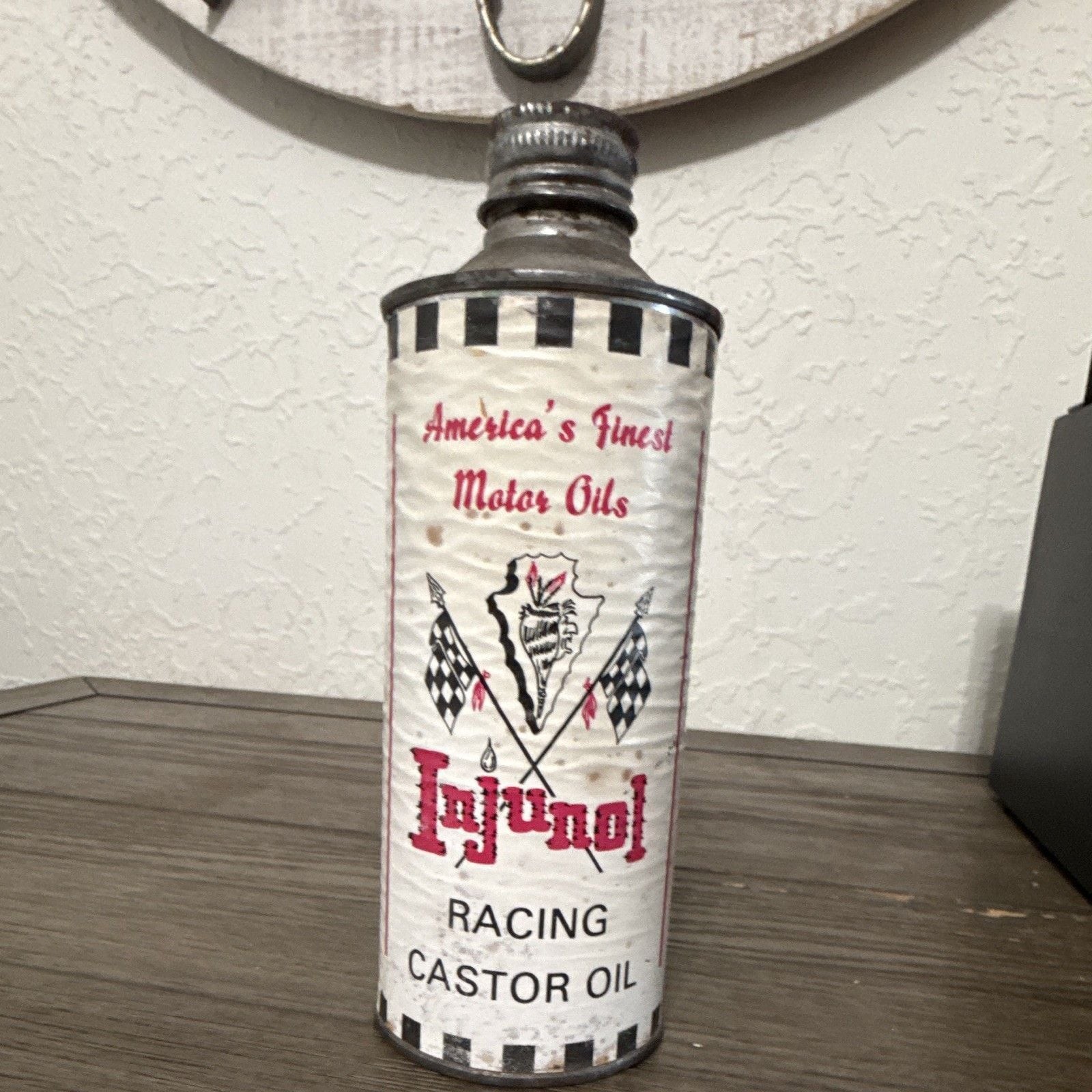 Rare Vintage Injunol Racing Castor Oil 16oz Cone Top Can - Indian Motorcycle